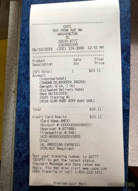 Reçu de paiement USPS aux États Unis